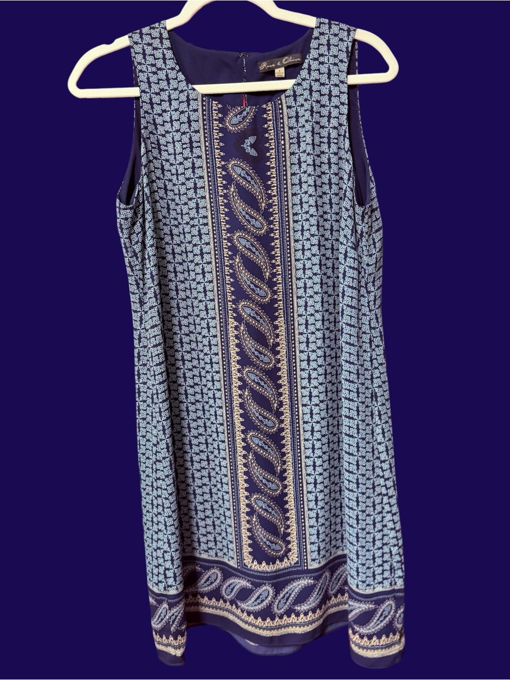 Rose & Olive Women’s Size 8 Sleeveless Shift Mini Dress Navy Slate Paisley